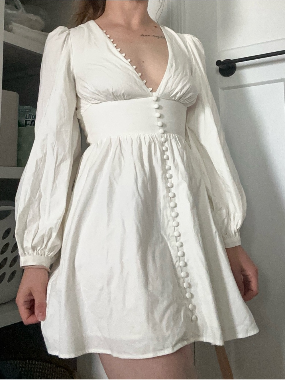 NWT Reformation Caitie Long-Sleeve Button-Front Mini Dress White - Picture 3 of 15
